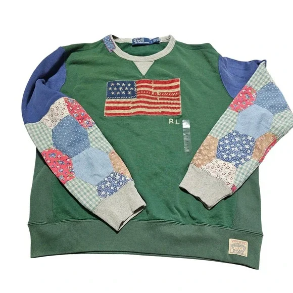 RARE Polo Country‎ RL Retro Patchwork Authentic Dry Goods Flag Sweatshirt L Uni